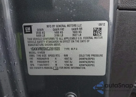 2012 GMC Acadia Slt-1 from USA, damaged, VIN 1GKKVREDXCJ391820